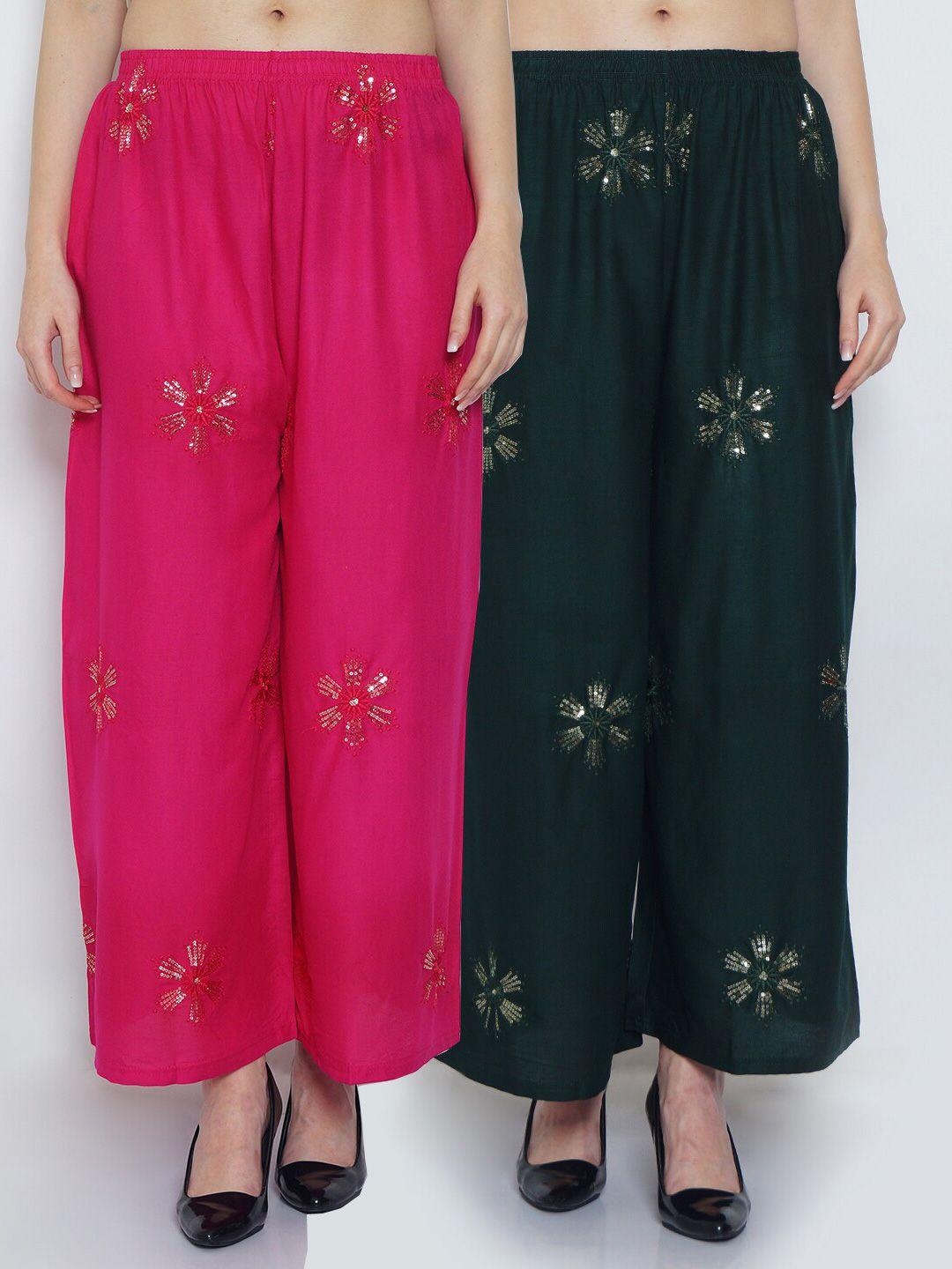 jinfo women pack of 2 pink & green embroidered flared knitted ethnic palazzos
