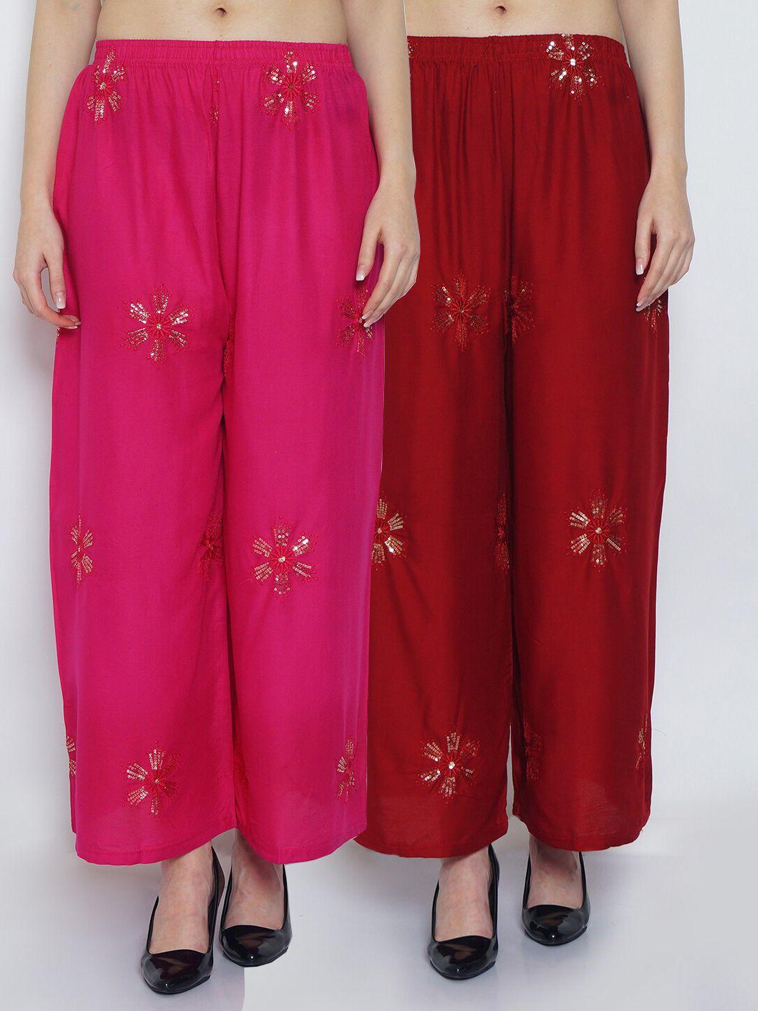 jinfo women pack of 2 pink & maroon floral embroidered flared knitted ethnic palazzos