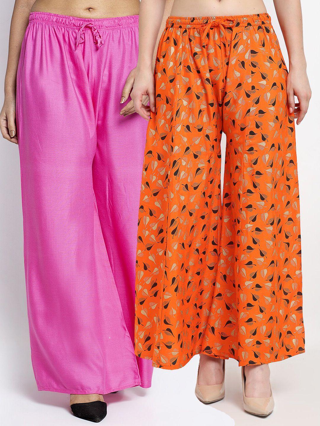 jinfo women pack of 2 pink & orange floral printed flared knitted ethnic palazzos