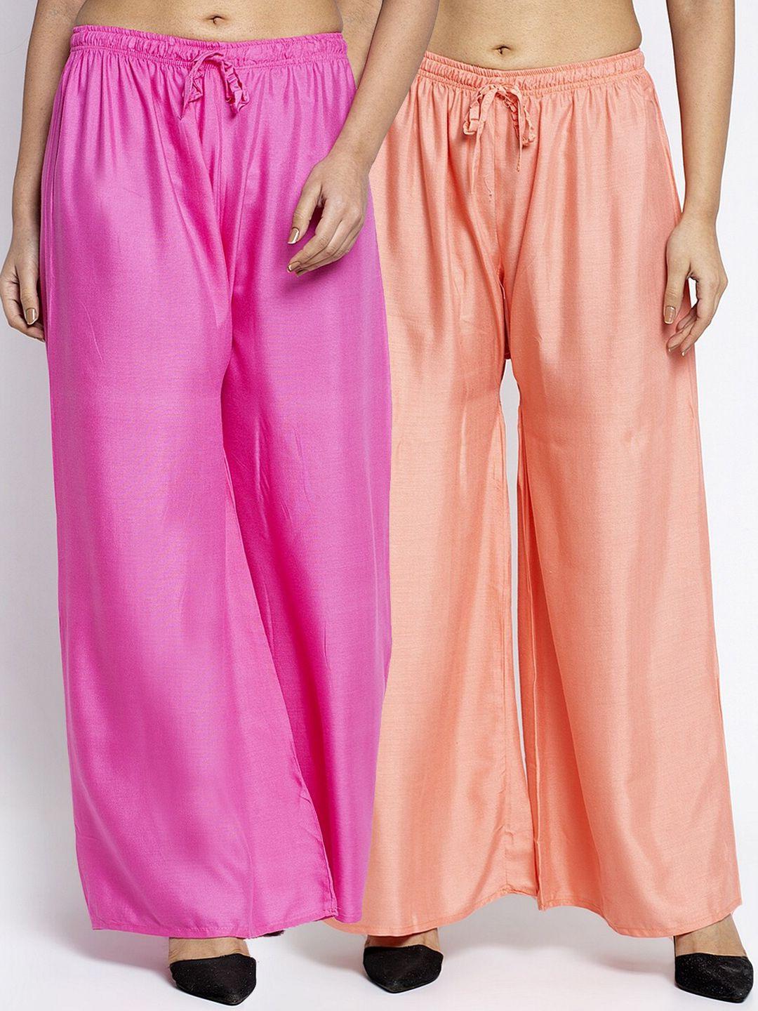 jinfo women pack of 2 pink & peach-coloured flared ethnic palazzos