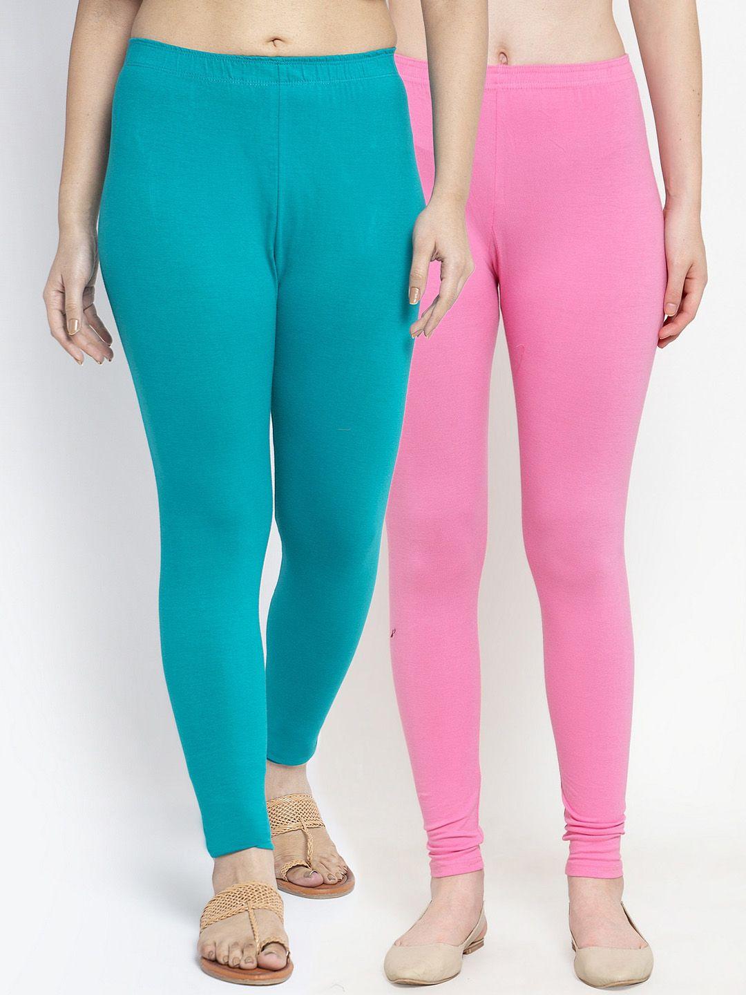 jinfo women pack of 2 pink & sea green solid ankle-length leggings