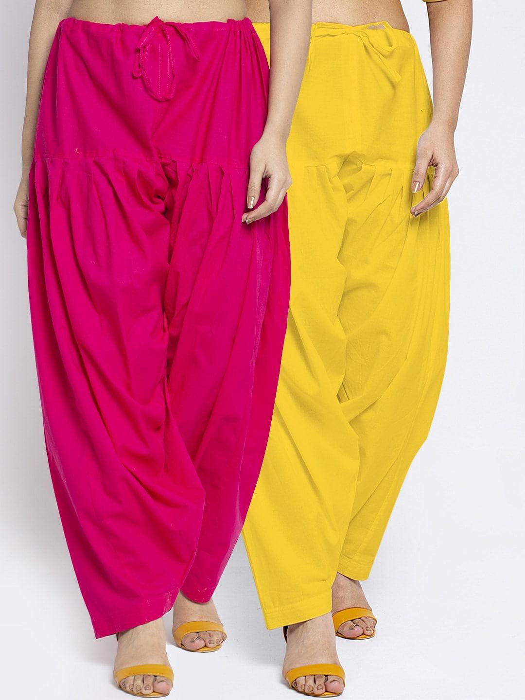 jinfo women pack of 2 pink & yellow solid cotton loose fit salwar