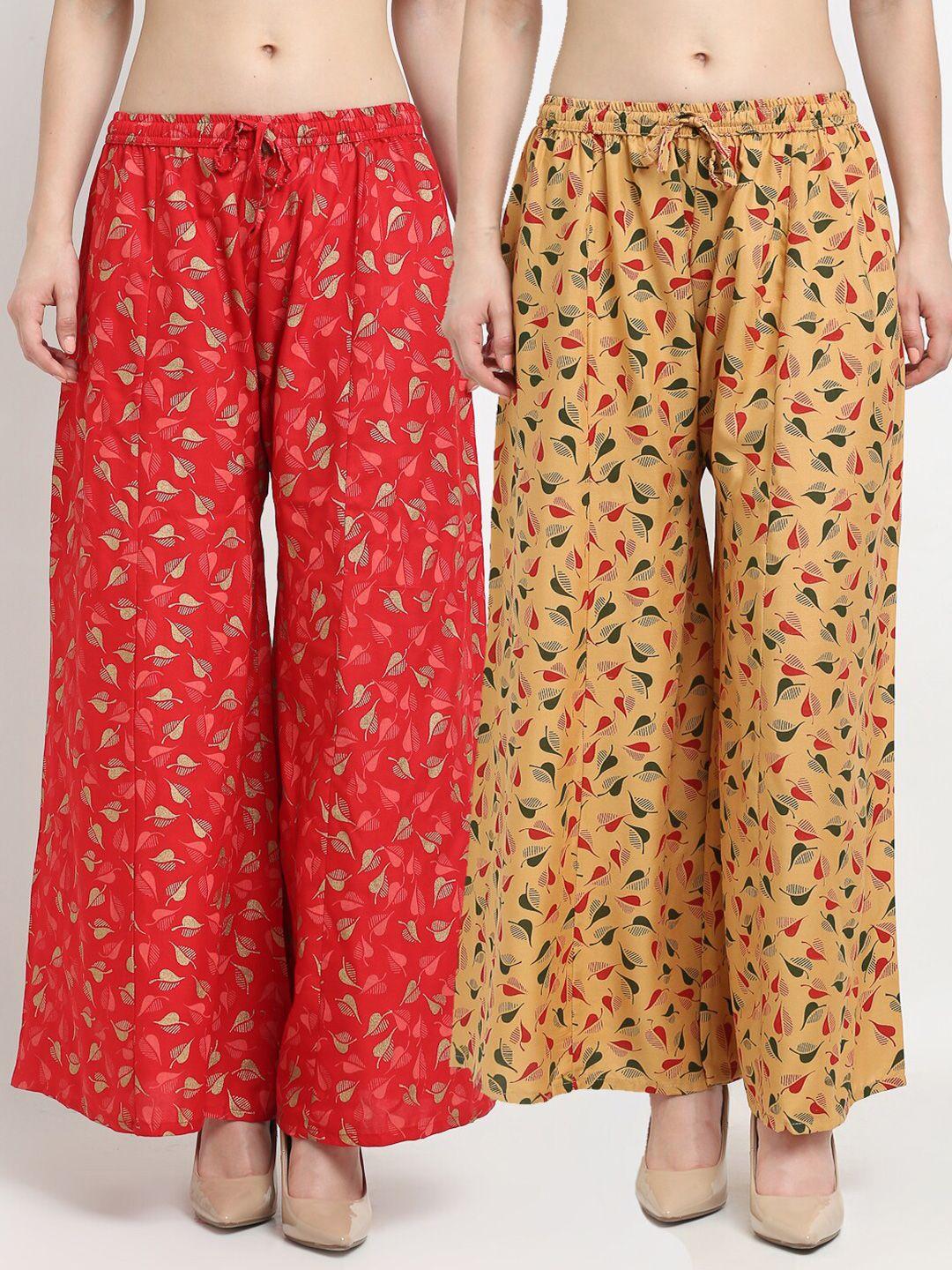 jinfo women pack of 2 red & beige printed flared knitted ethnic palazzos