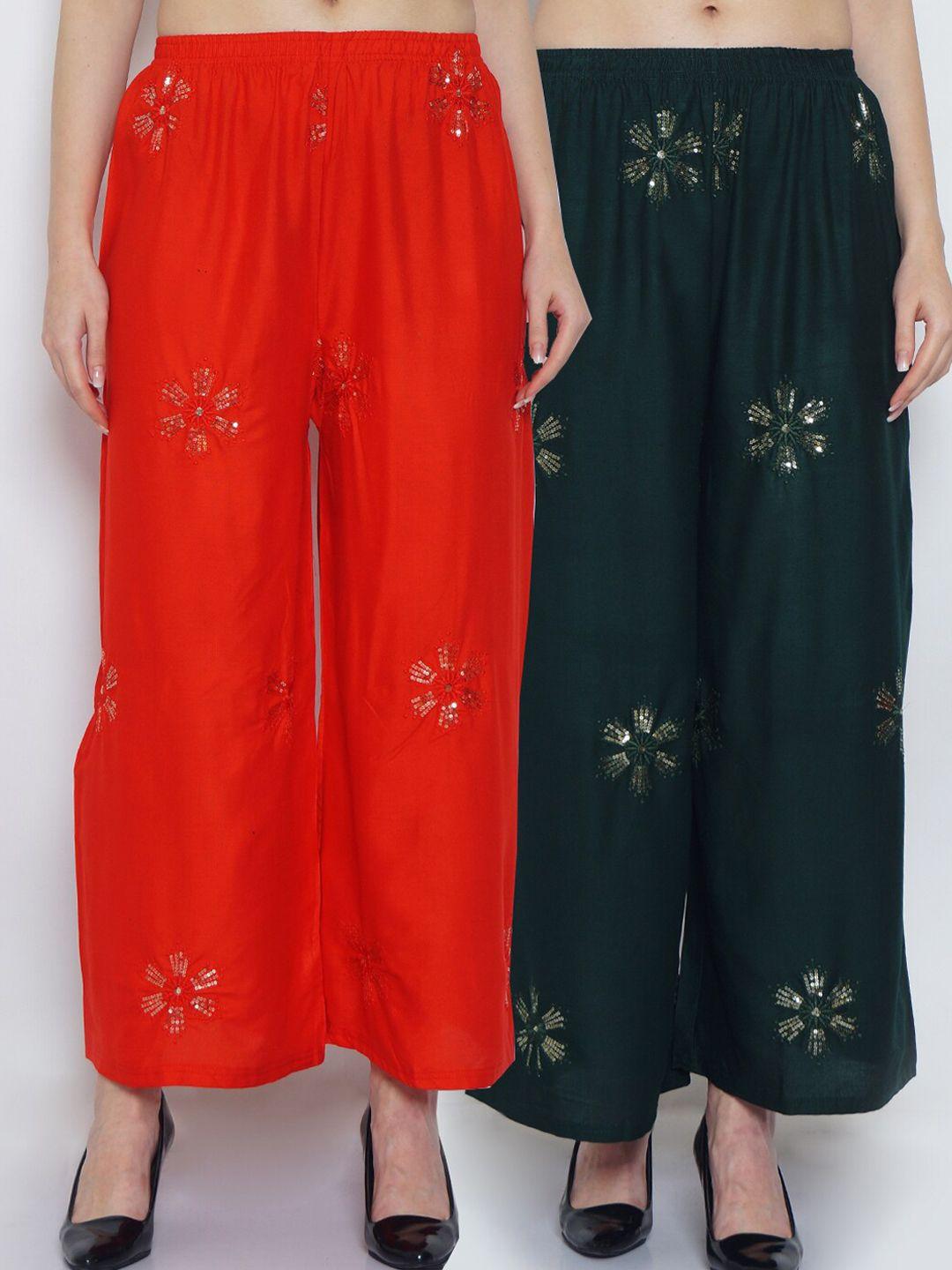 jinfo women pack of 2 red & green floral embroidered flared ethnic palazzos