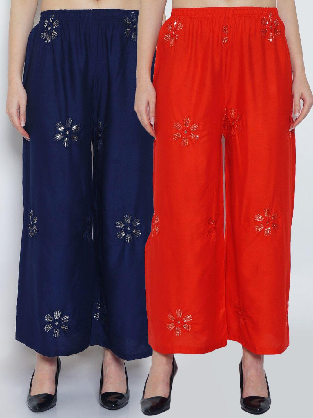 jinfo women pack of 2 red & navy blue ethnic motifs embroidered ethnic palazzos