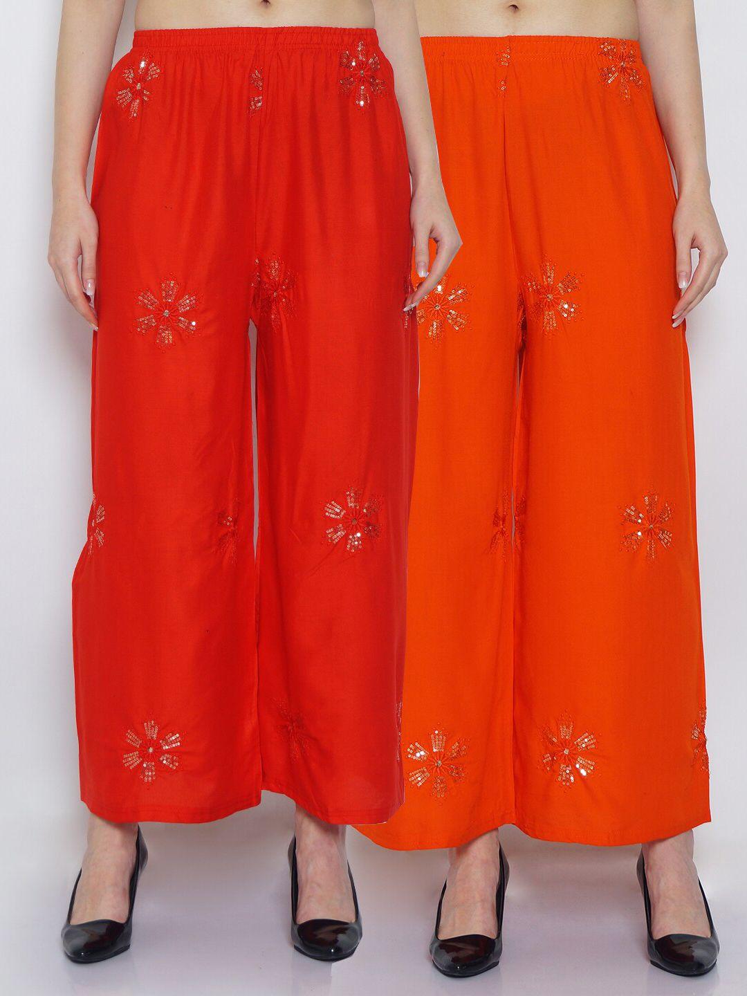 jinfo women pack of 2 red & orange ethnic motifs embroidered ethnic palazzos