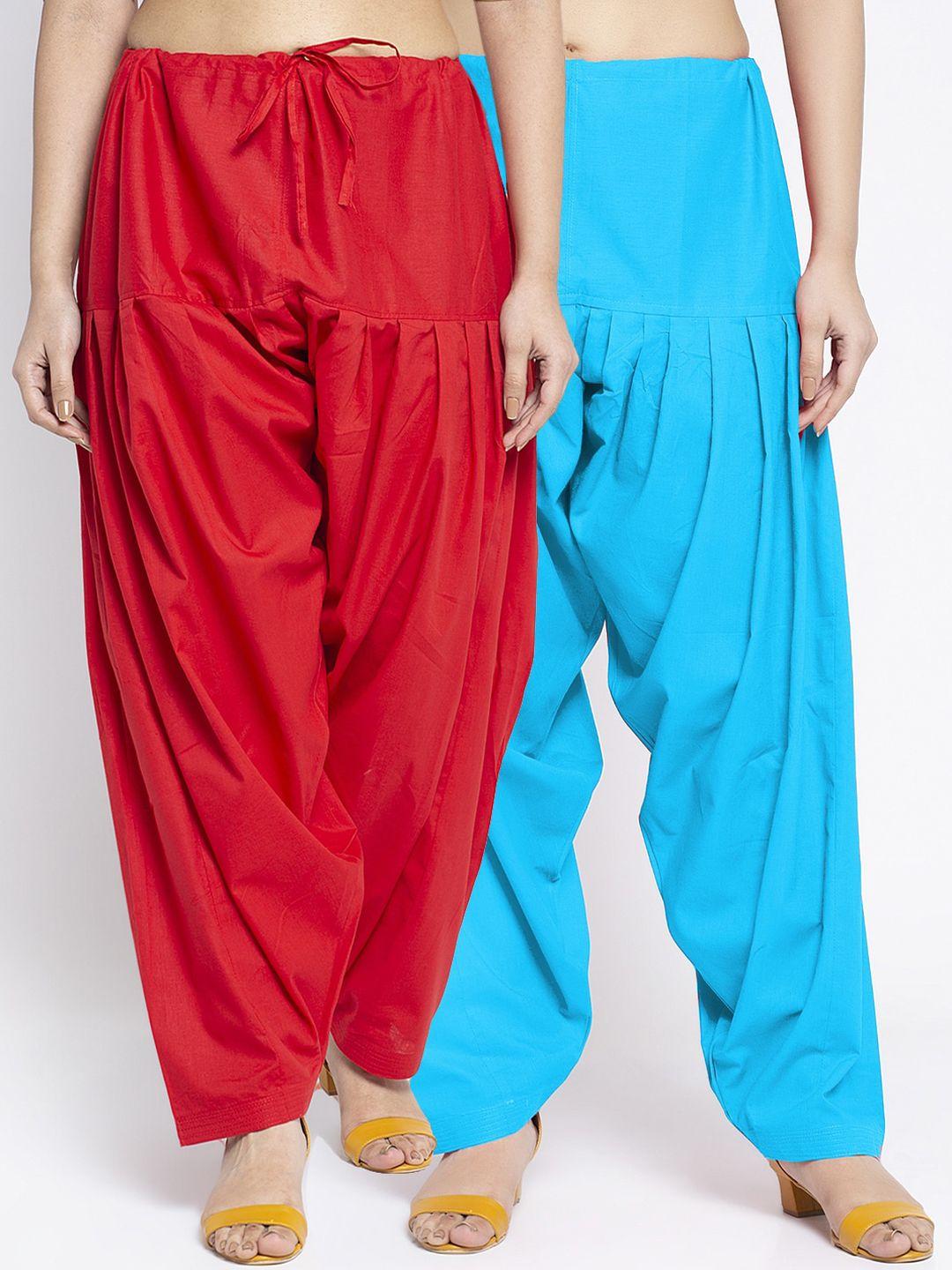 jinfo women pack of 2 red & turquoise blue loose fit solid cotton salwar