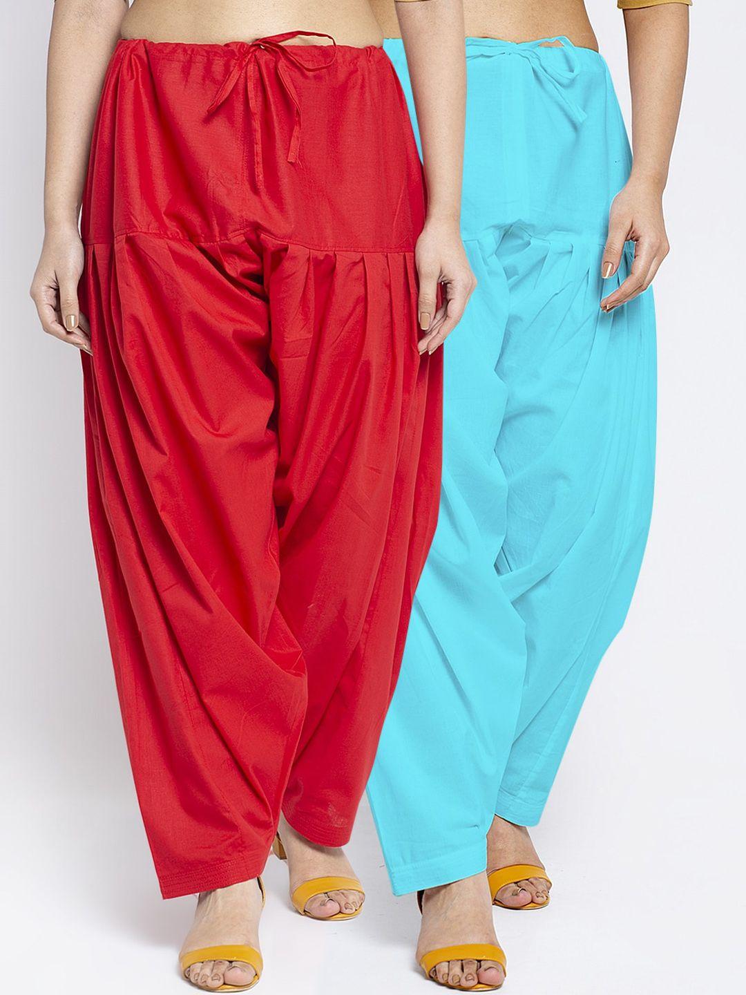 jinfo women pack of 2 red & turquoise blue solid cotton salwar