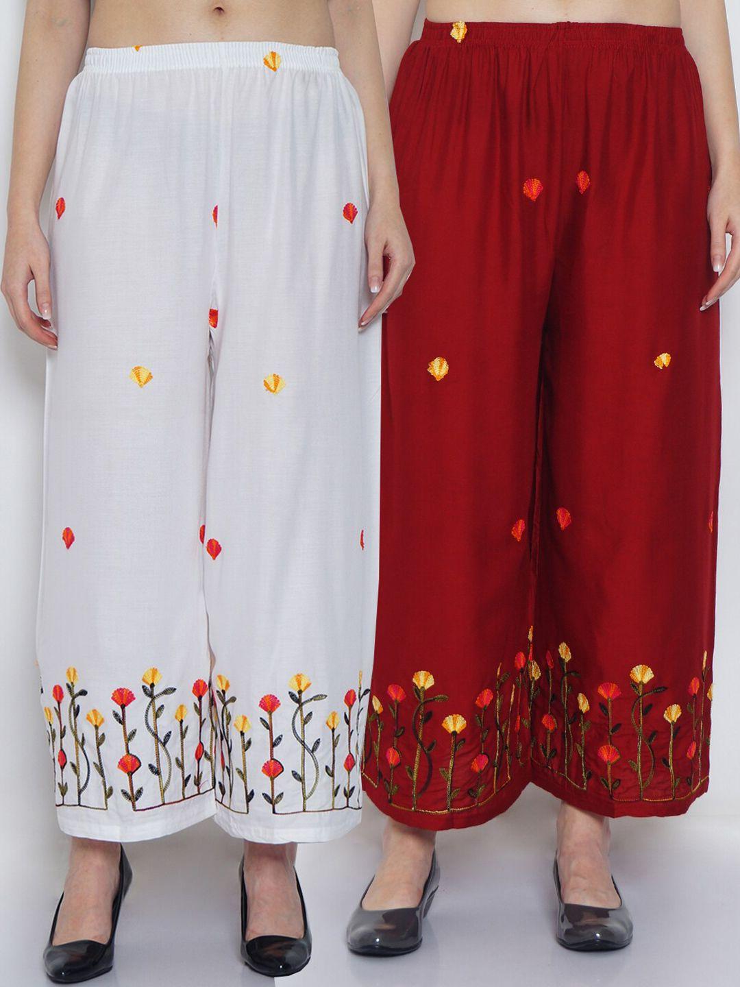 jinfo women pack of 2 white & maroon floral embroidered flared ethnic palazzos