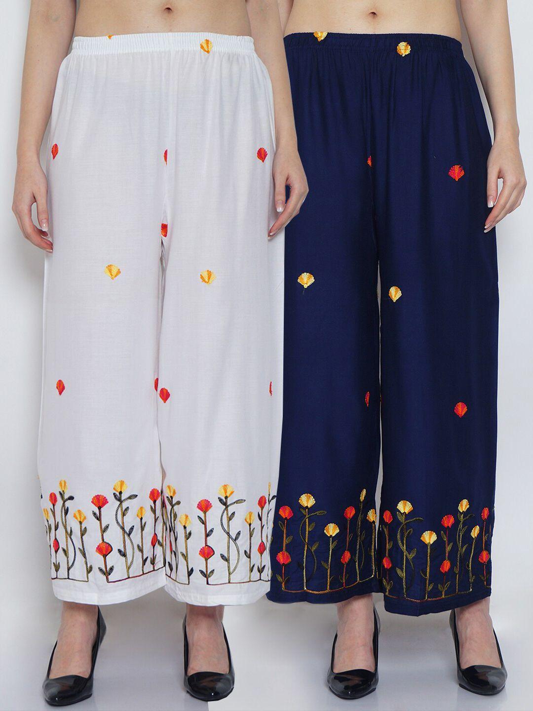 jinfo women pack of 2 white & navy blue ethnic motifs embroidered ethnic palazzos
