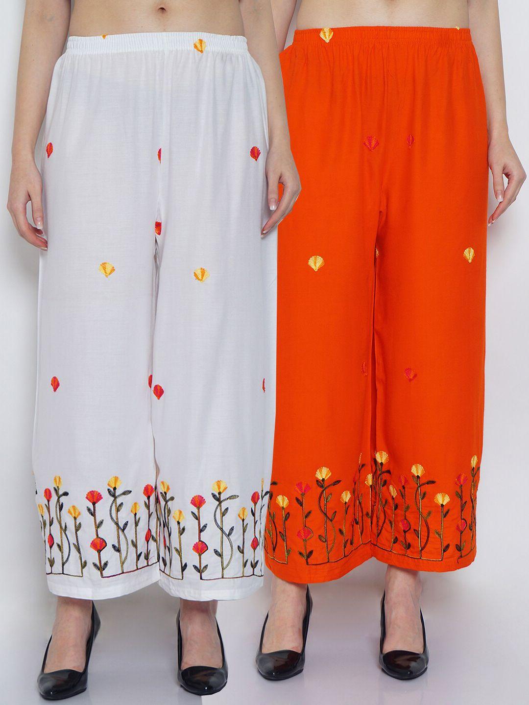 jinfo women pack of 2 white & orange ethnic motifs embroidered ethnic palazzos