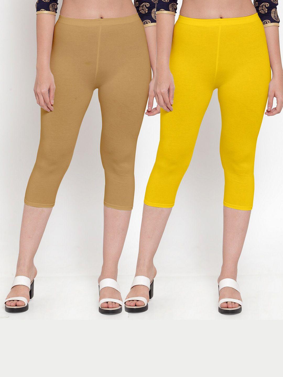 jinfo women pack of 2 yellow & beige solid capris