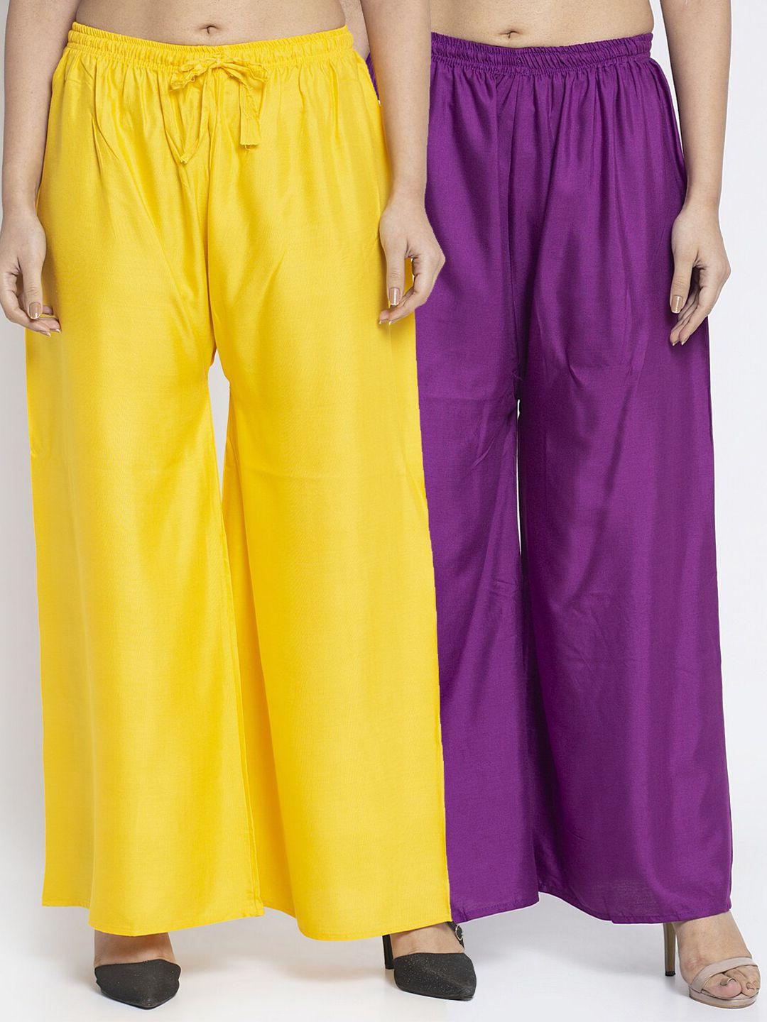 jinfo women pack of 2 yellow & purple knitted ethnic palazzos