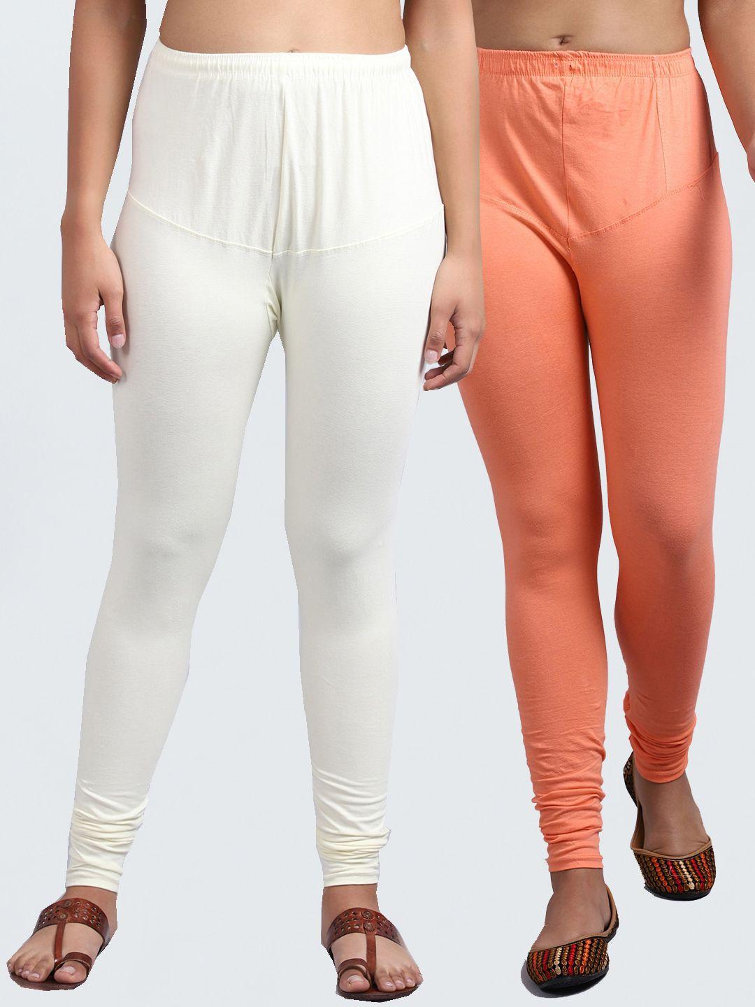 jinfo women peach & off-white pack of 2 solid churidar length leggings