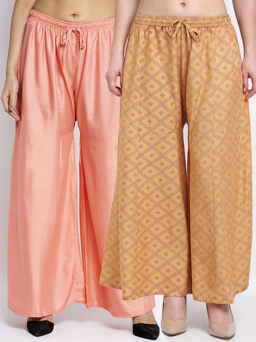 jinfo women peach-coloured & beige set of 2 printed flared knitted ethnic palazzos