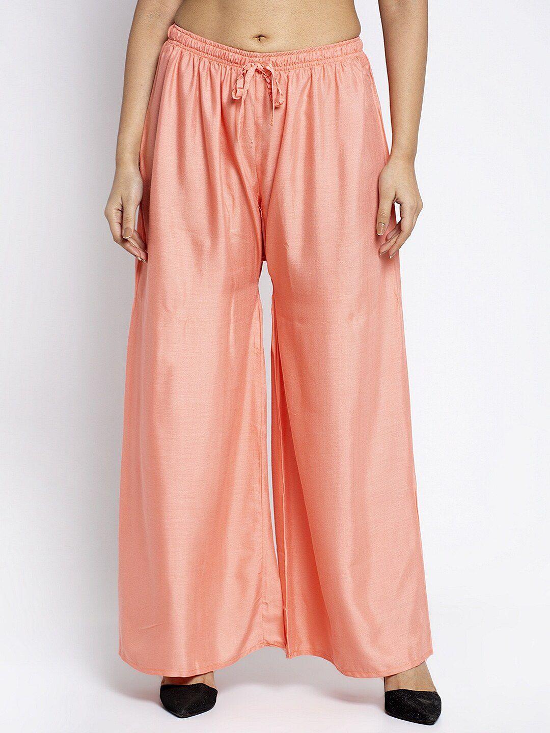 jinfo women peach-coloured flared ethnic palazzos