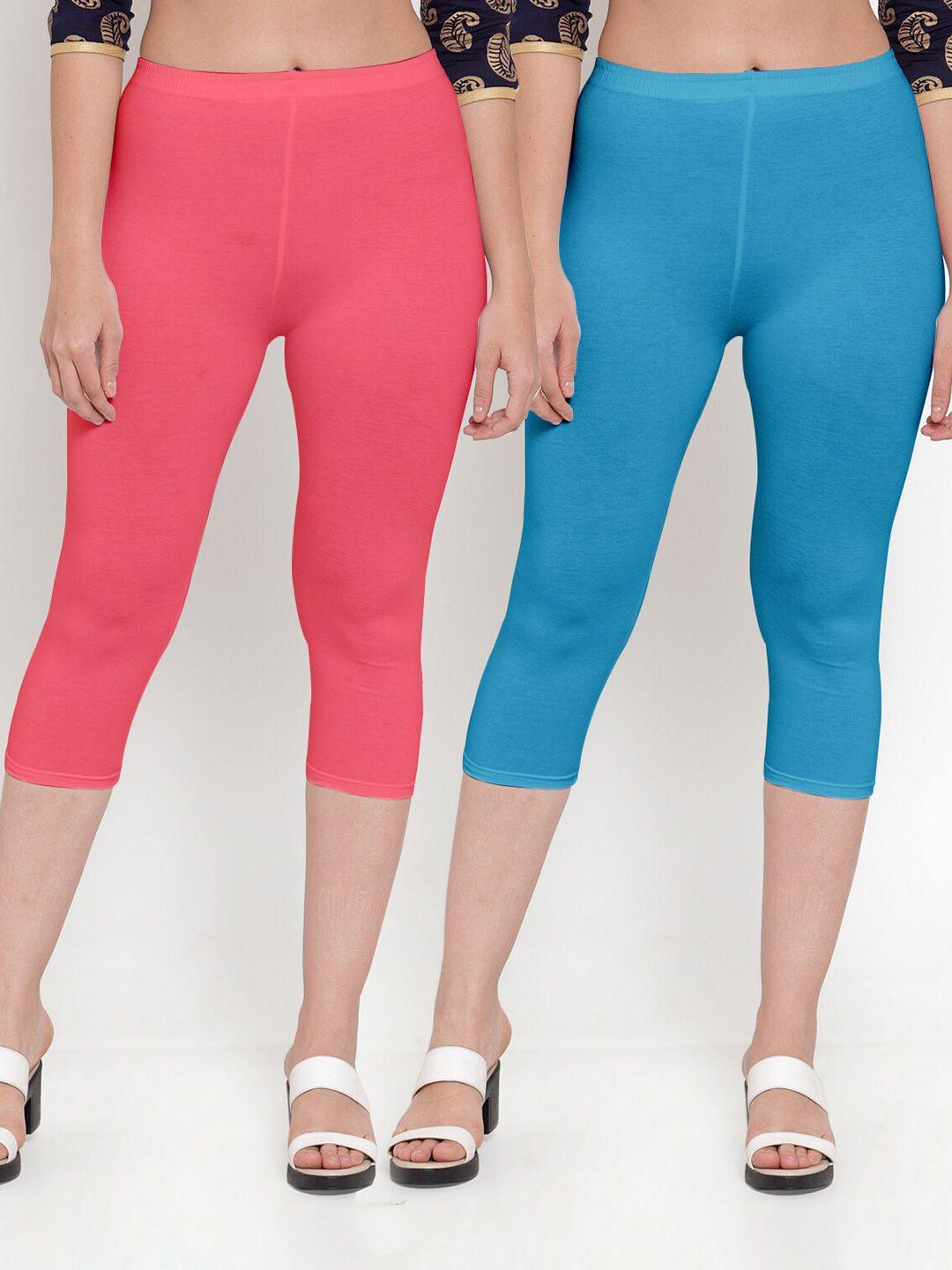 jinfo women pink & blue solid capris pack of 2