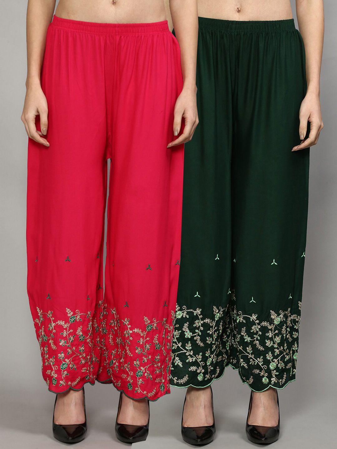 jinfo women pink & green pack of 2 floral embroidered flared ethnic palazzos