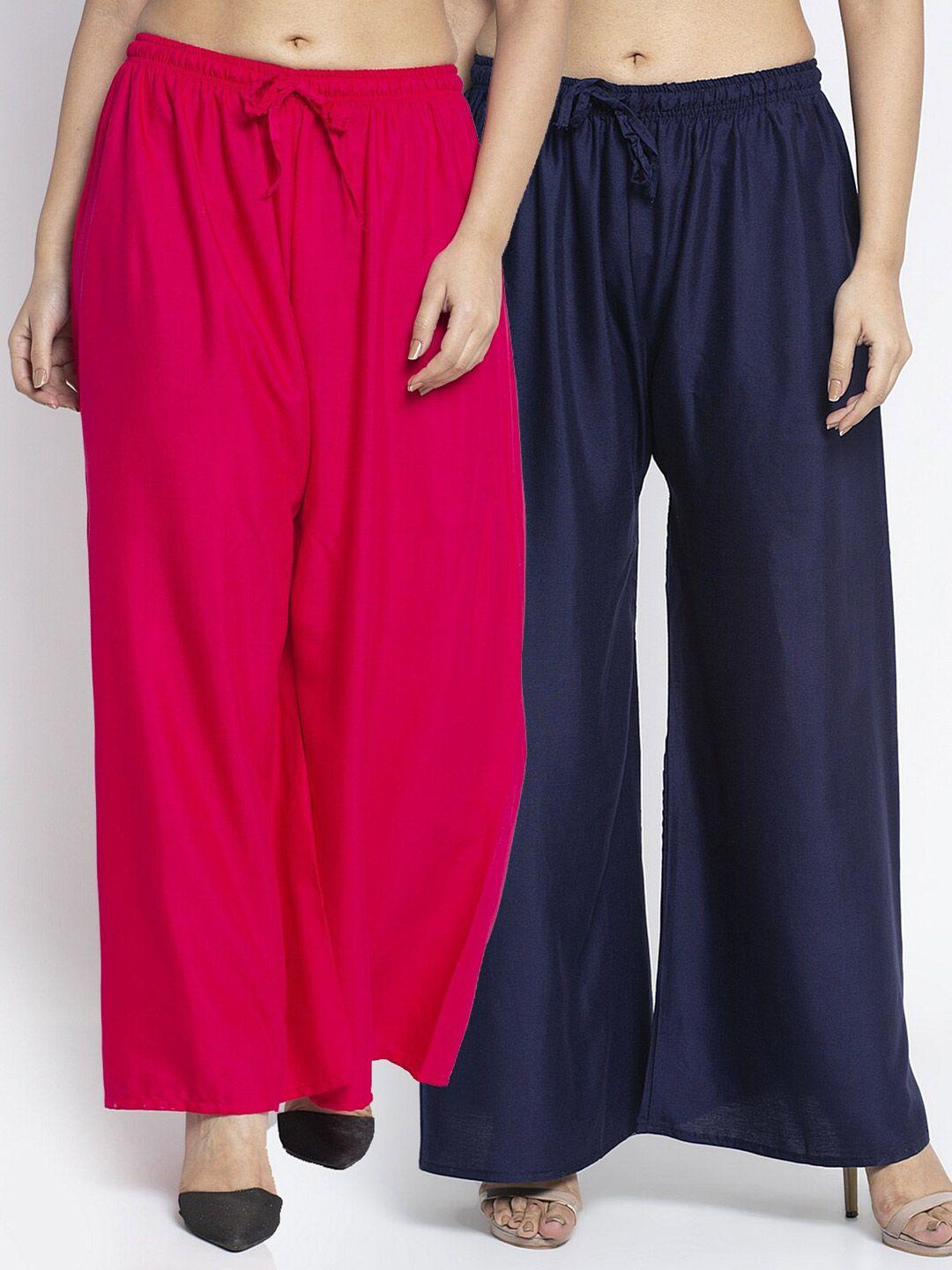 jinfo women pink & navy blue pack of 2 flared ethnic palazzos