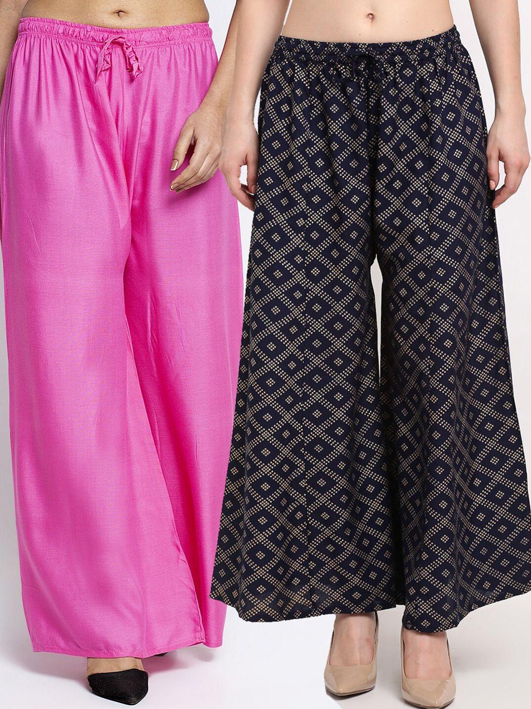 jinfo women pink & navy blue set of 2 printed flared knitted ethnic palazzos