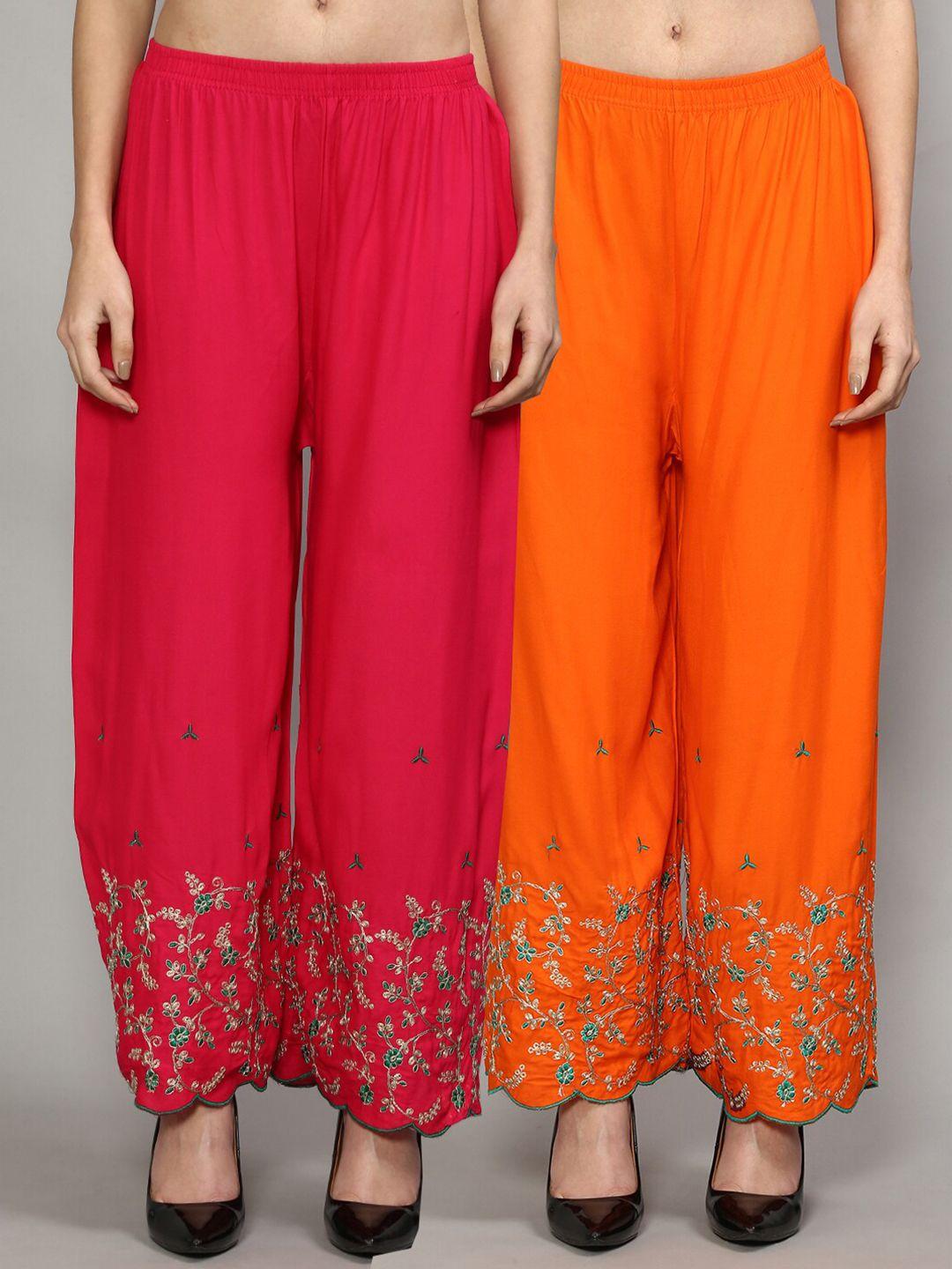 jinfo women pink & orange set of 2 floral embroidered flared ethnic palazzos