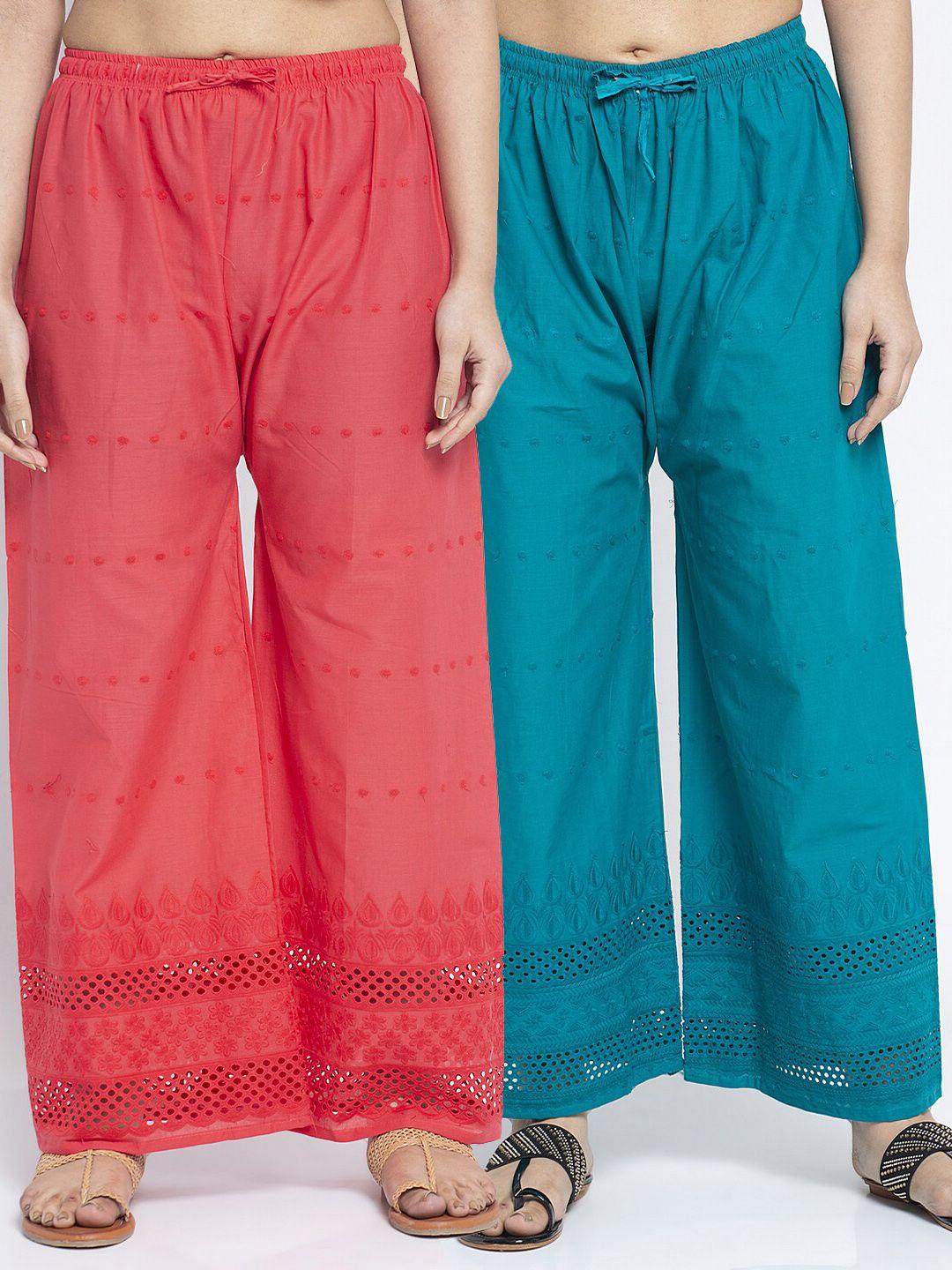 jinfo women pink & turquoise blue pack of 2 embroidered flared ethnic palazzos