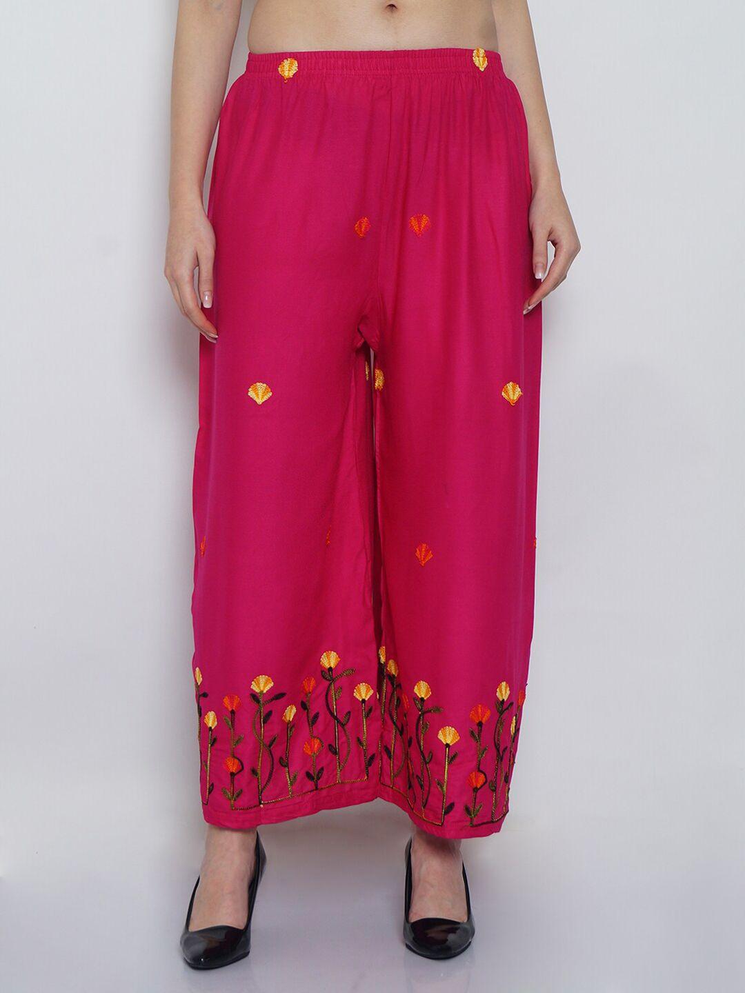 jinfo women pink & yellow floral embroidered palazzos