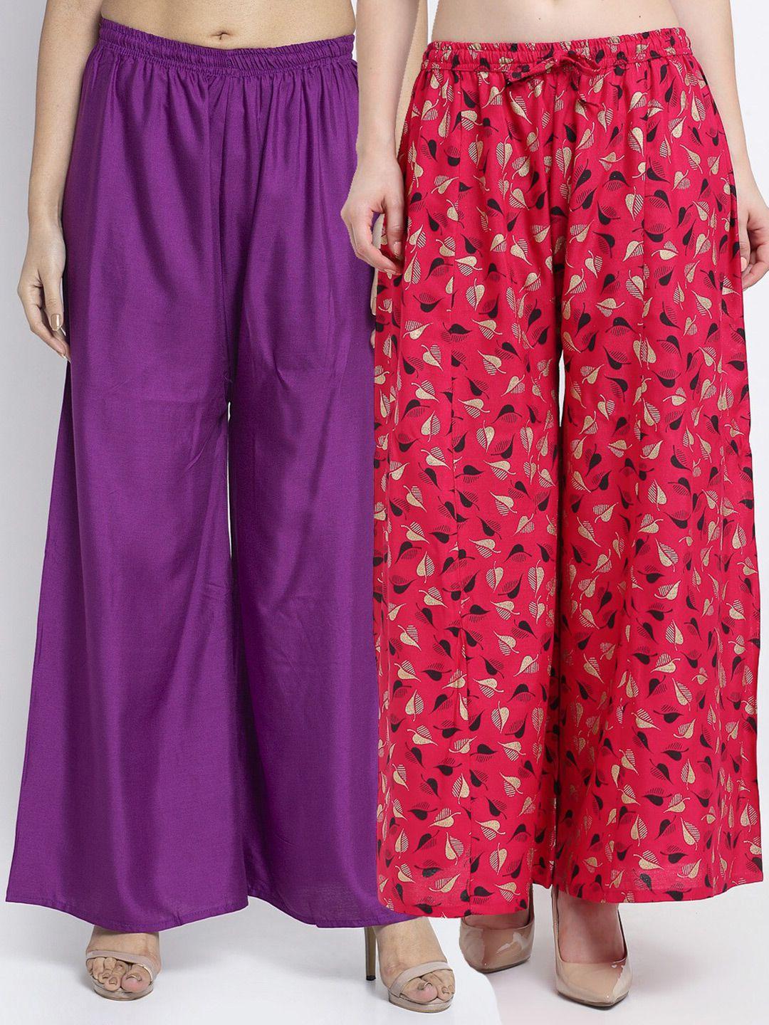 jinfo women purple & pink set of 2 floral printed flared ethnic palazzos