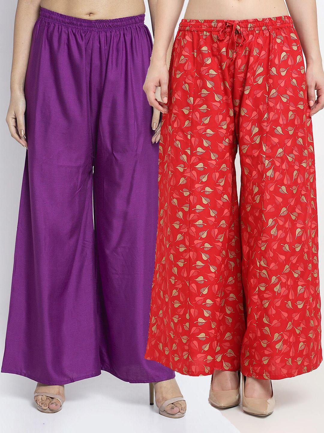 jinfo women purple & red pack of 2 printed knitted ethnic palazzos