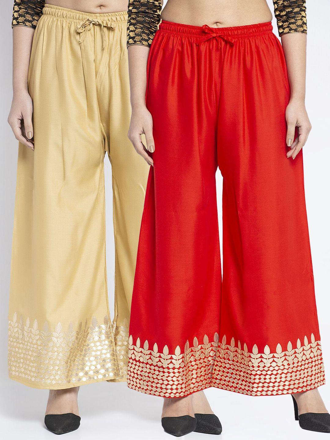 jinfo women red & beige set of 2 gota printed wide leg fit palazzo