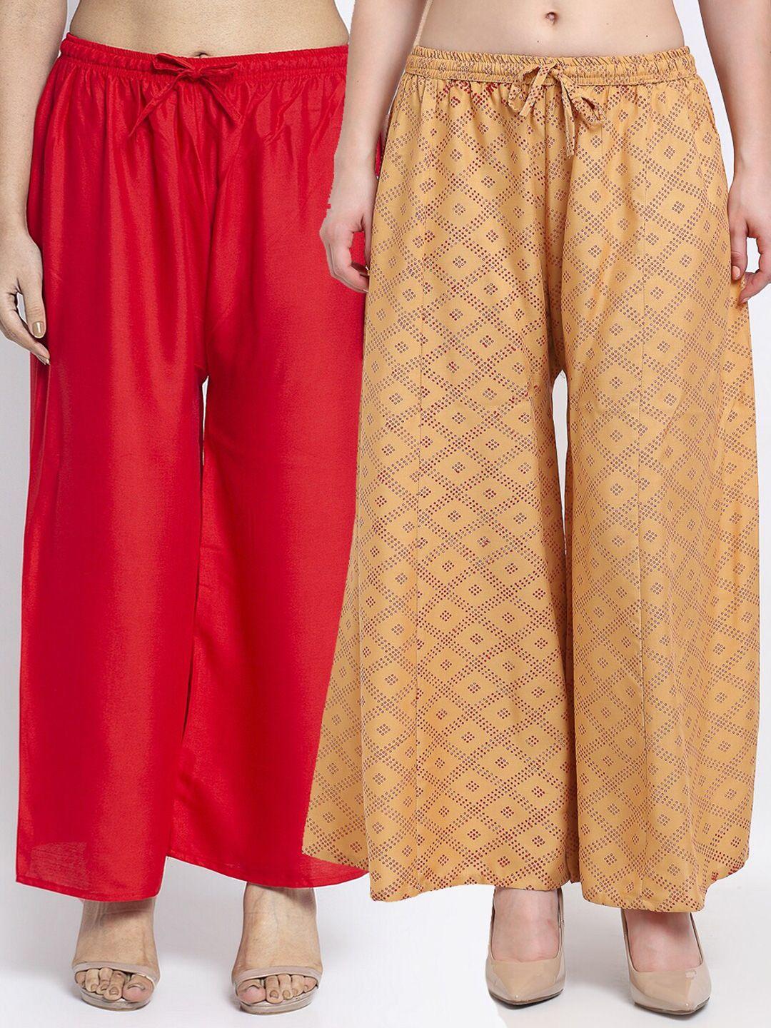 jinfo women red & beige set of 2 printed flared knitted ethnic palazzos