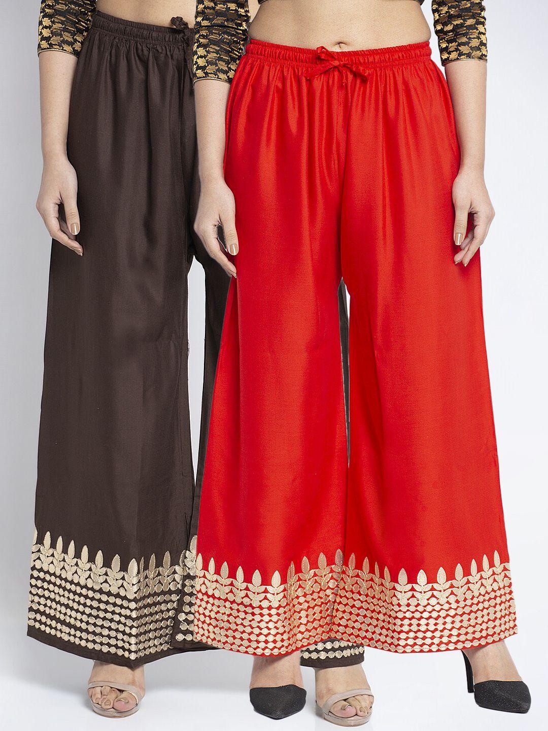 jinfo women red & brown  pack of 2 gota bottom printed flared ethnic palazzos