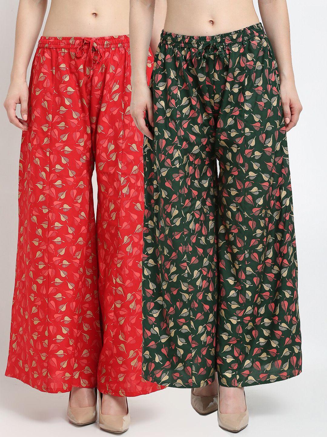 jinfo women red & green pack of 2 floral printed flared ethnic palazzos