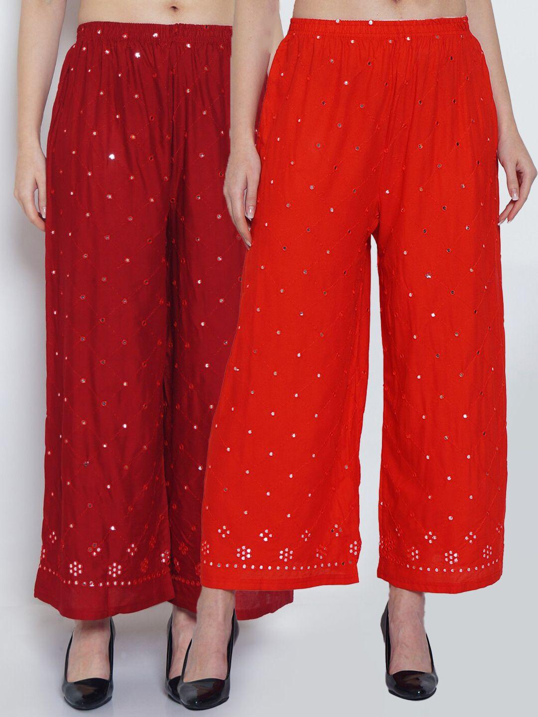 jinfo women red & maroon pack of 2 embellished flared ethnic palazzos
