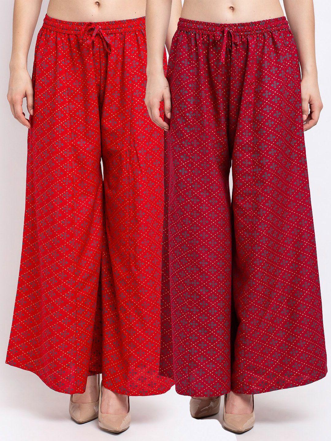 jinfo women red & maroon pack of 2 floral printed flared ethnic palazzos