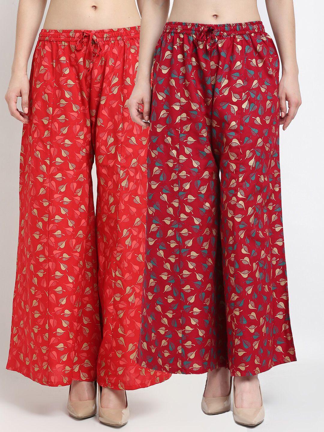 jinfo women red & maroon set of 2 printed flared ethnic palazzos