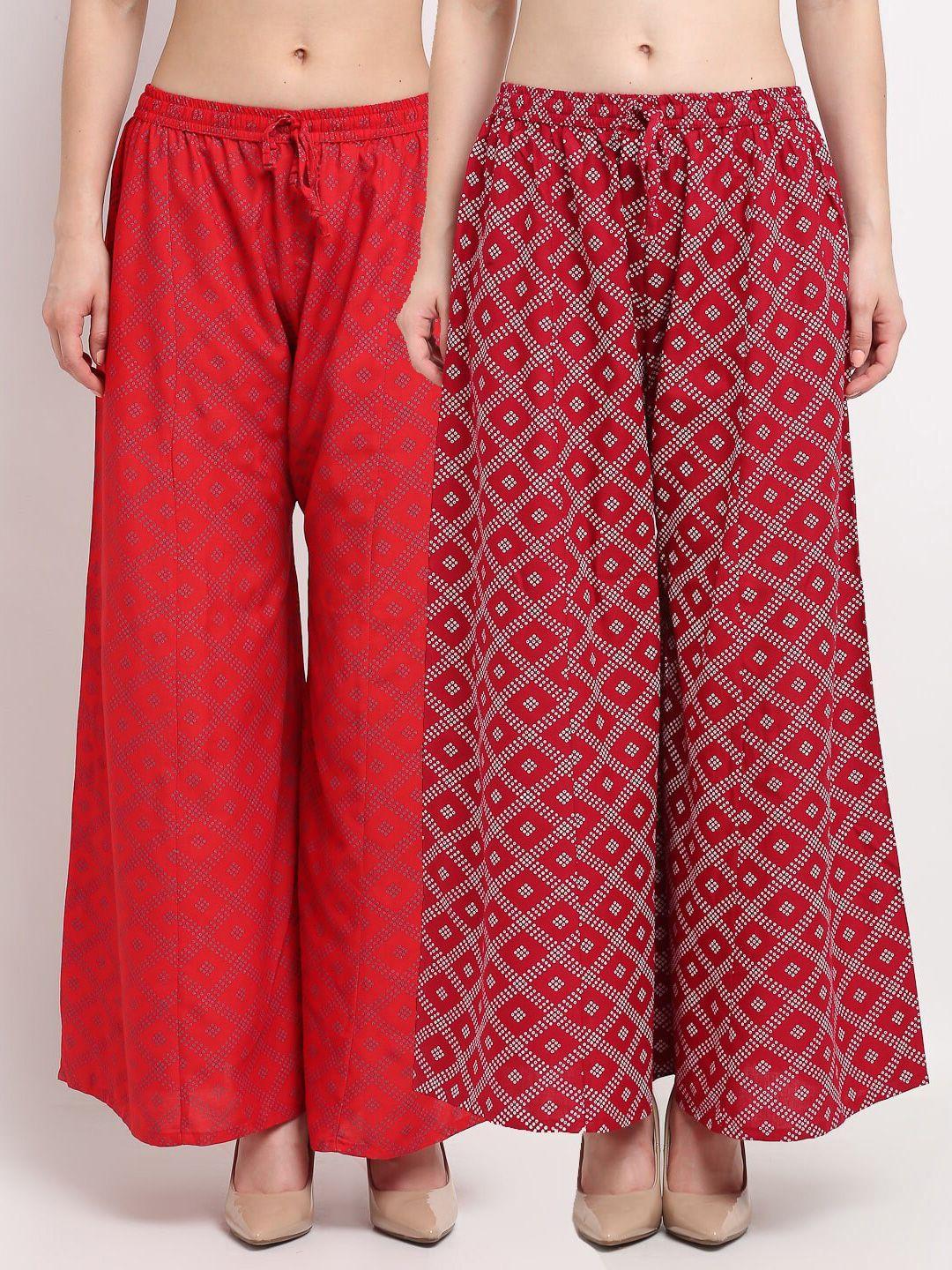 jinfo women red & maroon set of 2 printed flared ethnic palazzos