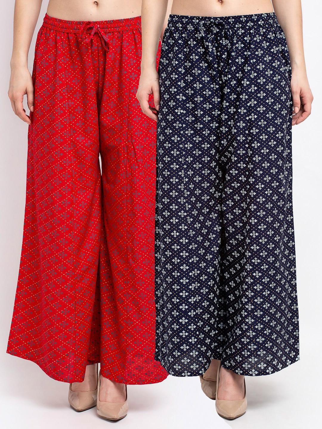 jinfo women red & navy blue pack of 2 floral printed flared ethnic palazzos