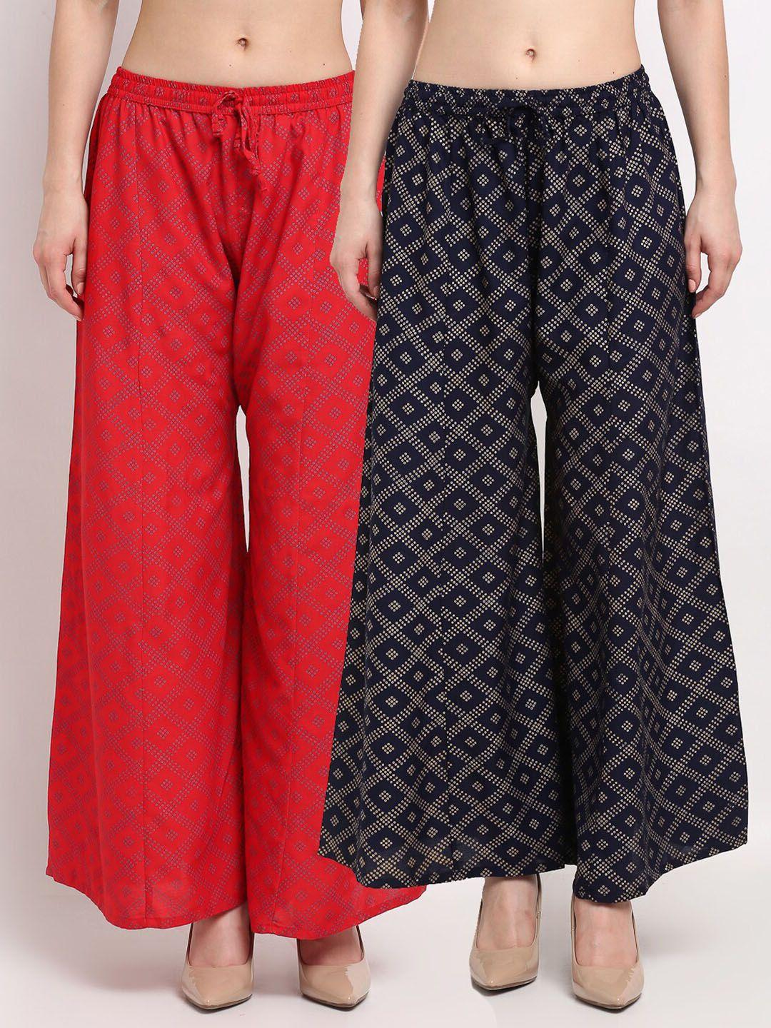 jinfo women red & navy blue set of 2 printed flared ethnic palazzos