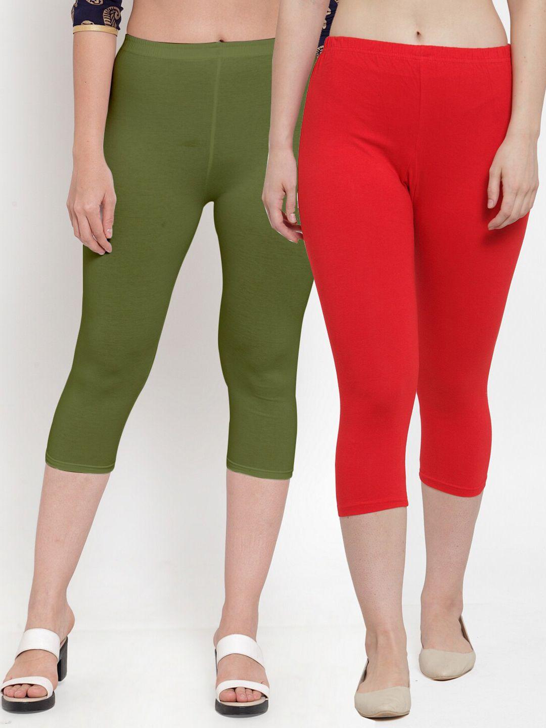 jinfo women red & olive green set of 2 solid cotton capris