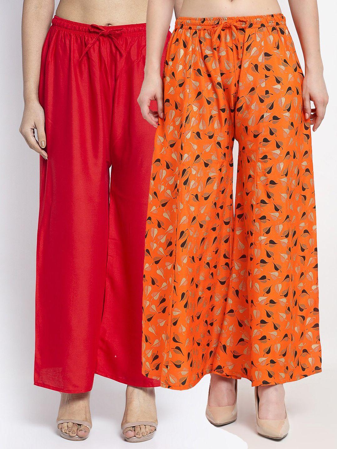 jinfo women red & orange printed flared knitted ethnic palazzos set of 2