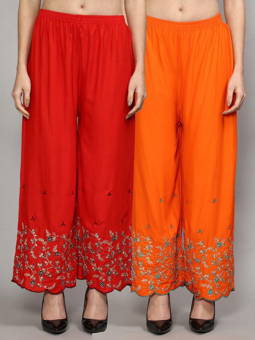 jinfo women red & orange set of 2 floral embroidered flared knitted ethnic palazzos
