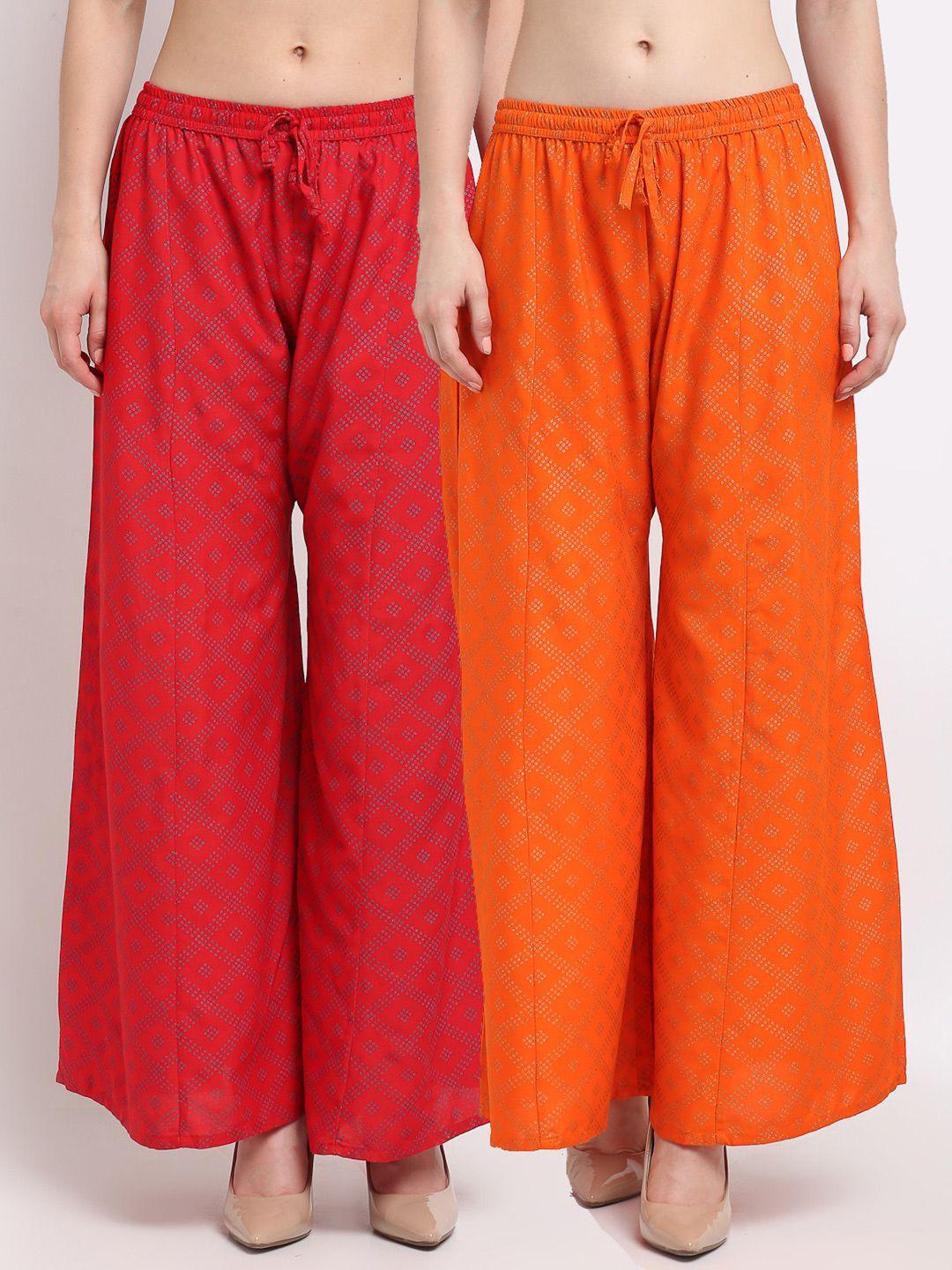 jinfo women red & orange set of 2 printed flared ethnic palazzos