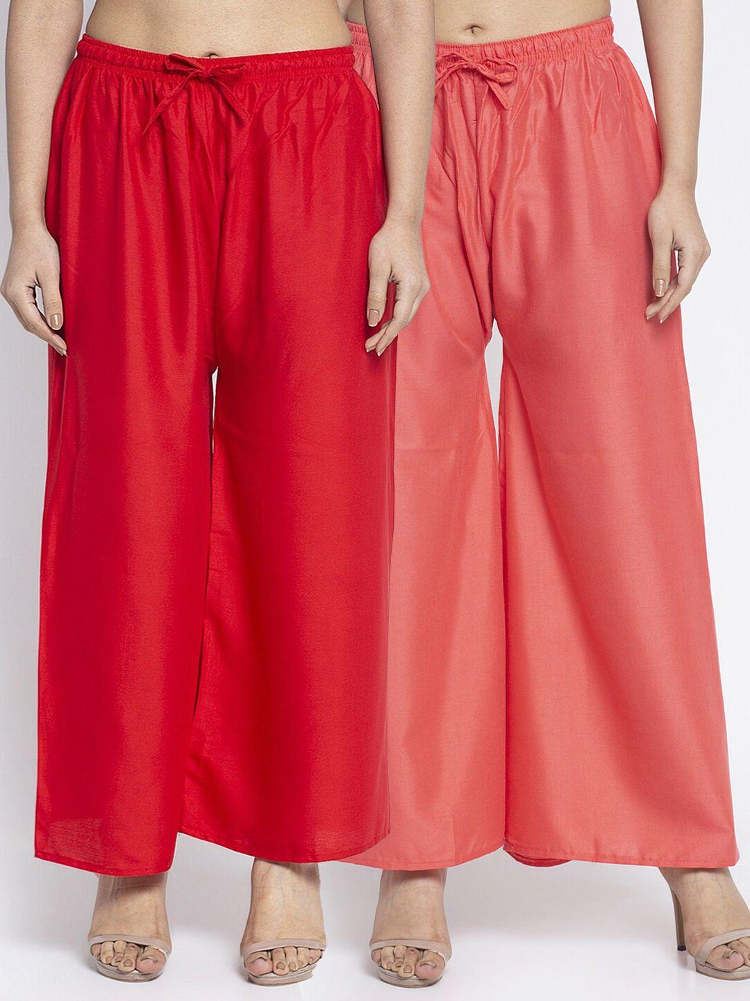 jinfo women red & peach set of 2 solid straight fit palazzo