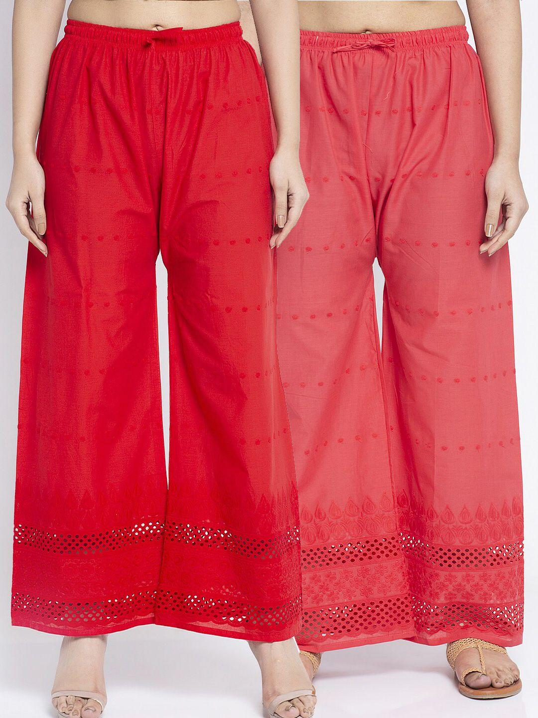 jinfo women red & pink pack of 2 ethnic motifs embroidered flared ethnic palazzos