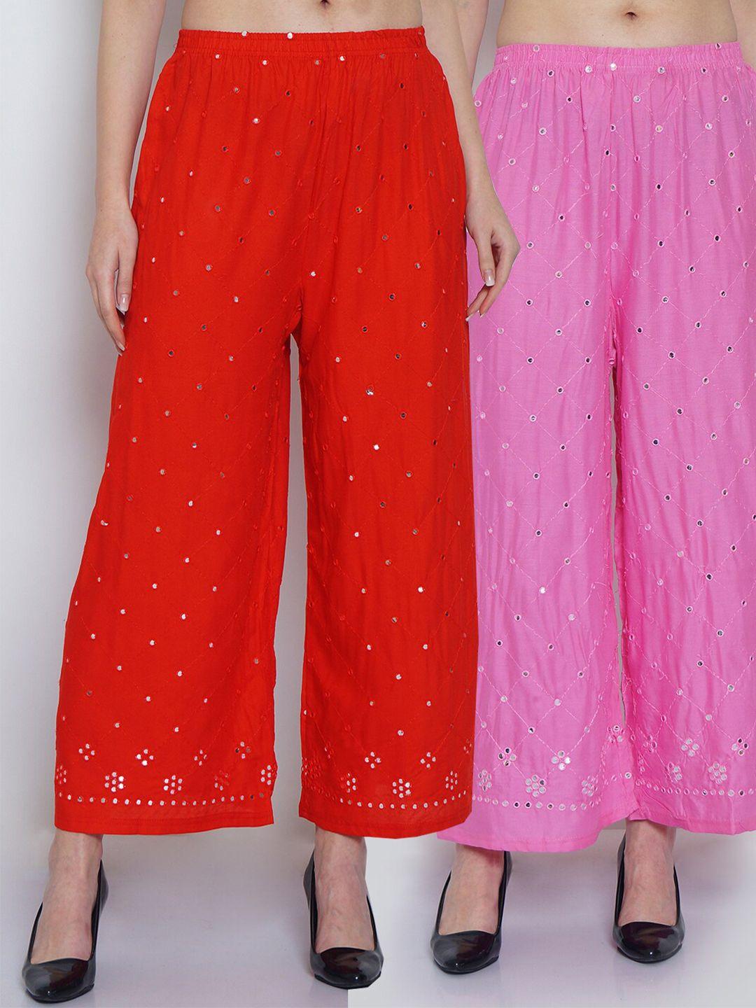 jinfo women red & pink pack of 2 floral embroidered flared ethnic palazzos