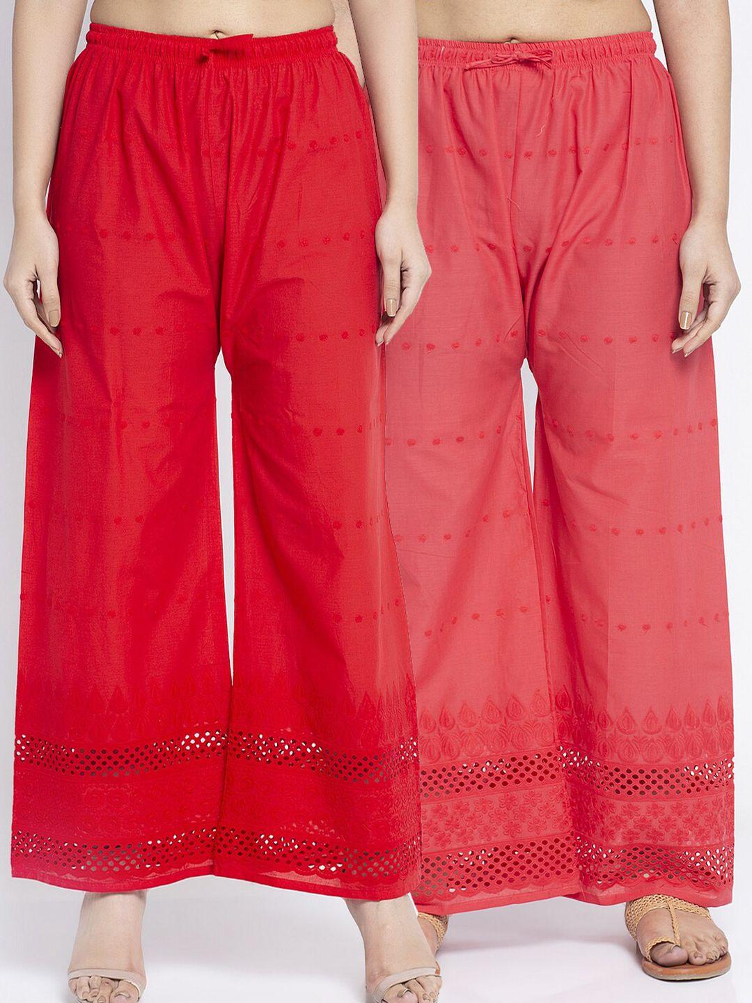 jinfo women red & pink set of 2 ethnic motifs chikankari embroidered ethnic palazzos