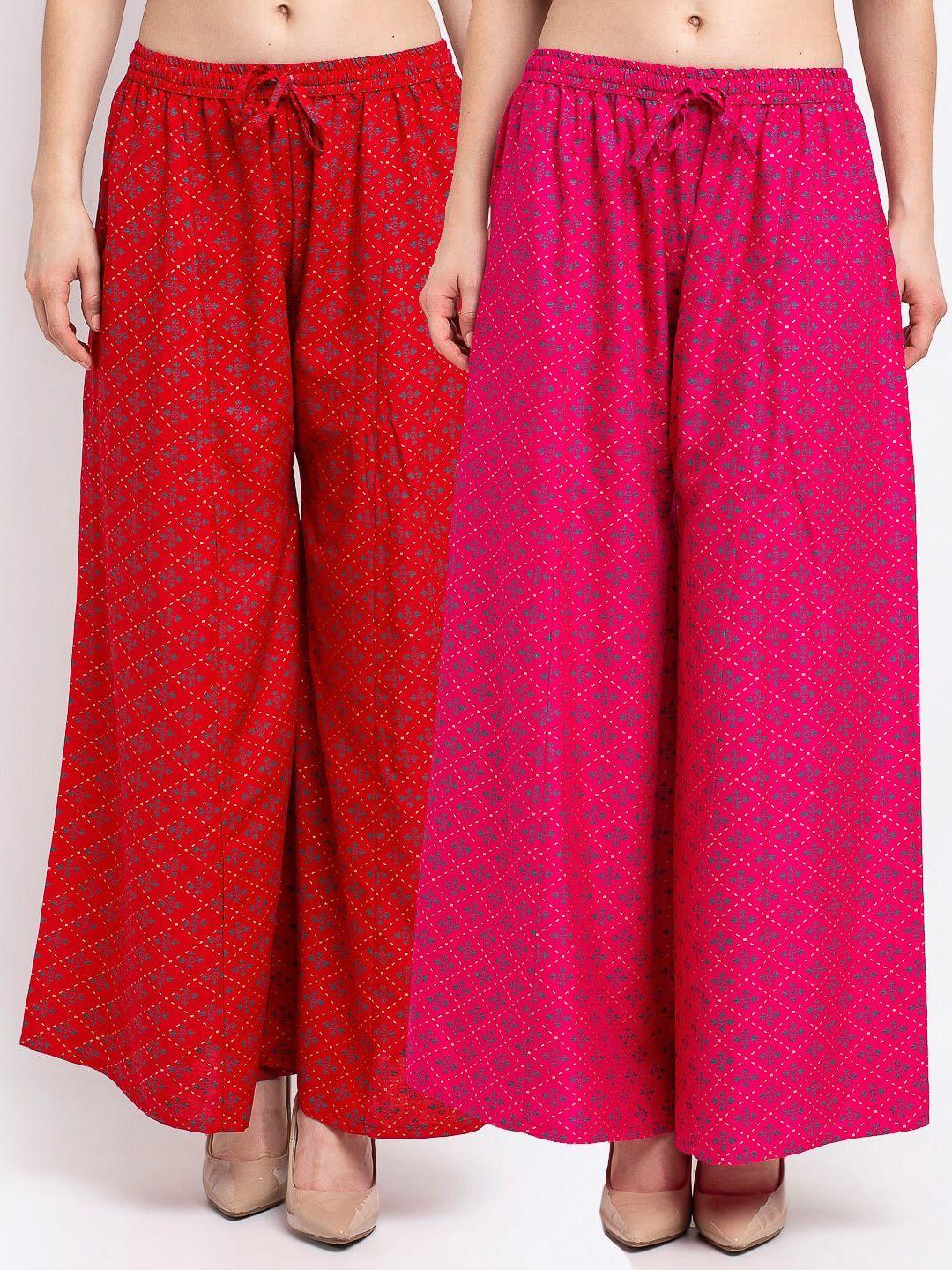 jinfo women red & pink set of 2 ethnic motifs printed flared knitted ethnic palazzos
