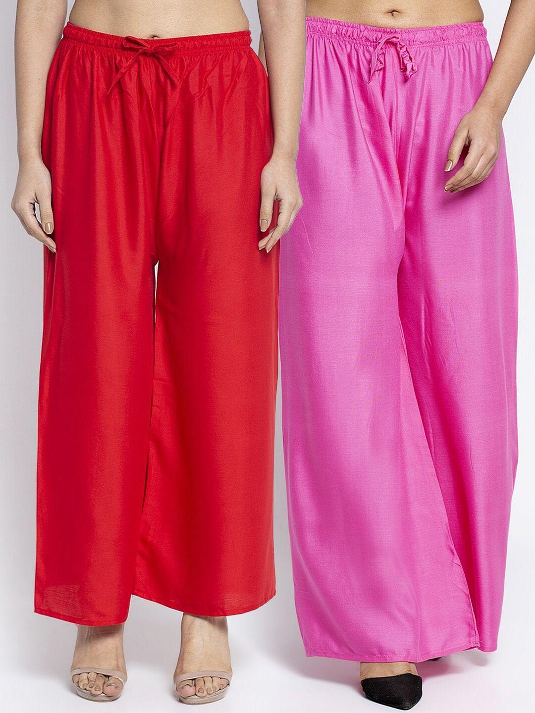 jinfo women red & pink set of 2 flared knitted ethnic palazzos