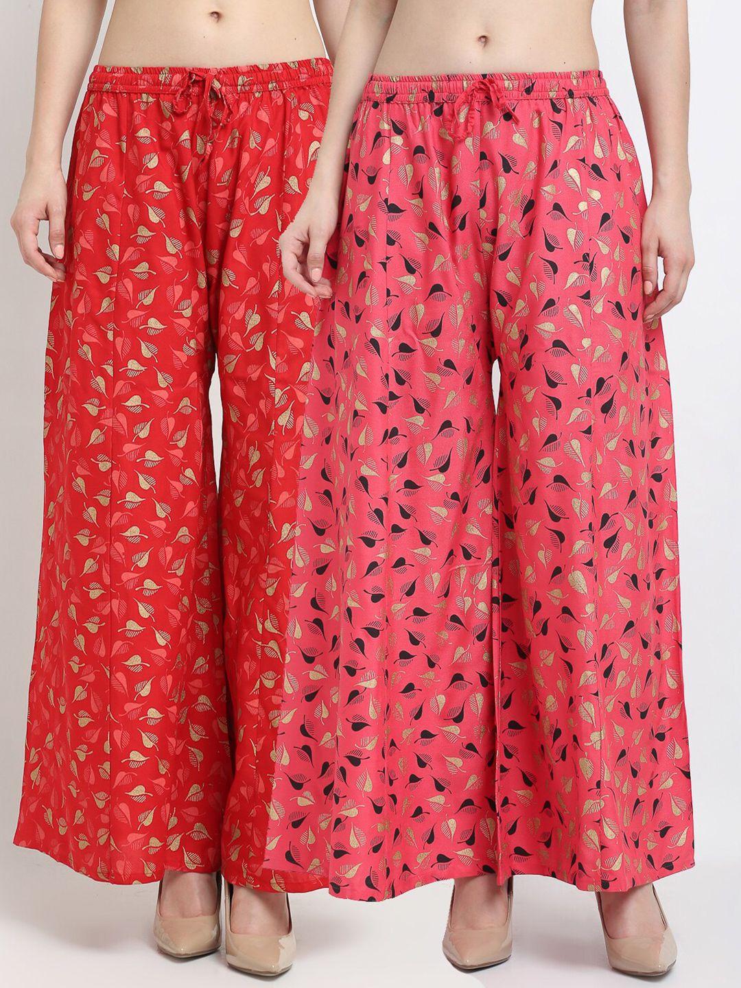 jinfo women red & pink set of 2 floral printed flared ethnic palazzos